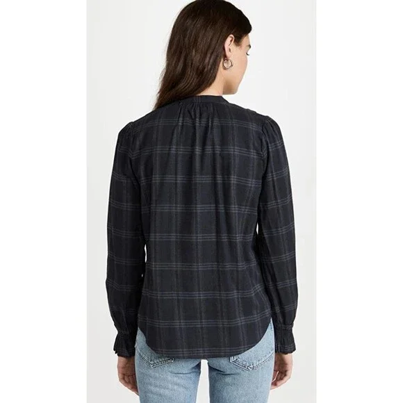 Faherty Women XL Harper Top Black Plaid Organic Cotton Button Front Relaxed - Picture 3 of 7